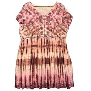Sundance Gemi Pink Tie Dye Floral Embroidered Dress Womens XL Boho Festival